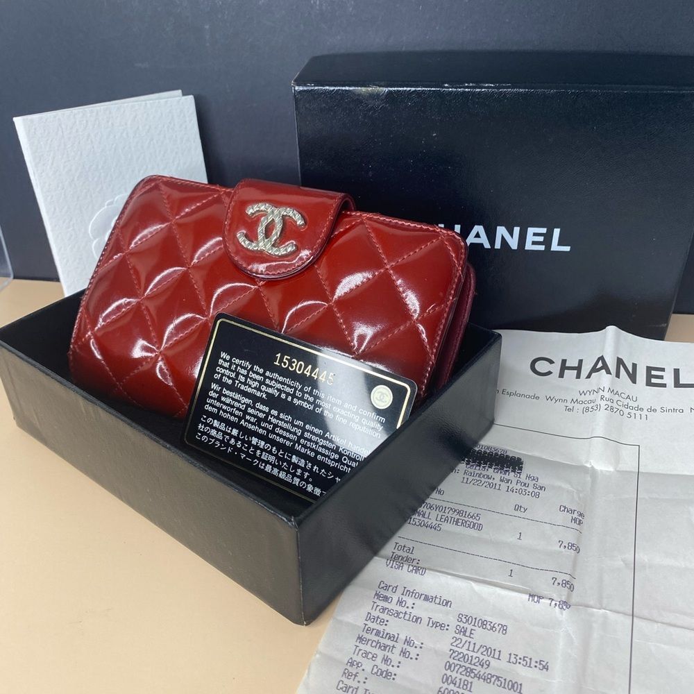 Chanel Authentic Quilted Patent Leather CC Flap Wallet With Box, Receipt.